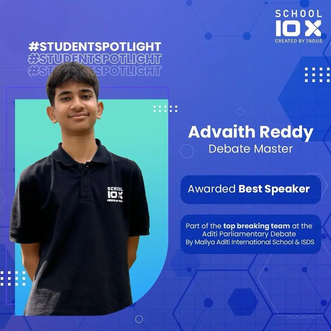 Awarded Best Speaker, Aditi Parliamentary Debate hosted by Mallya Aditi International School.